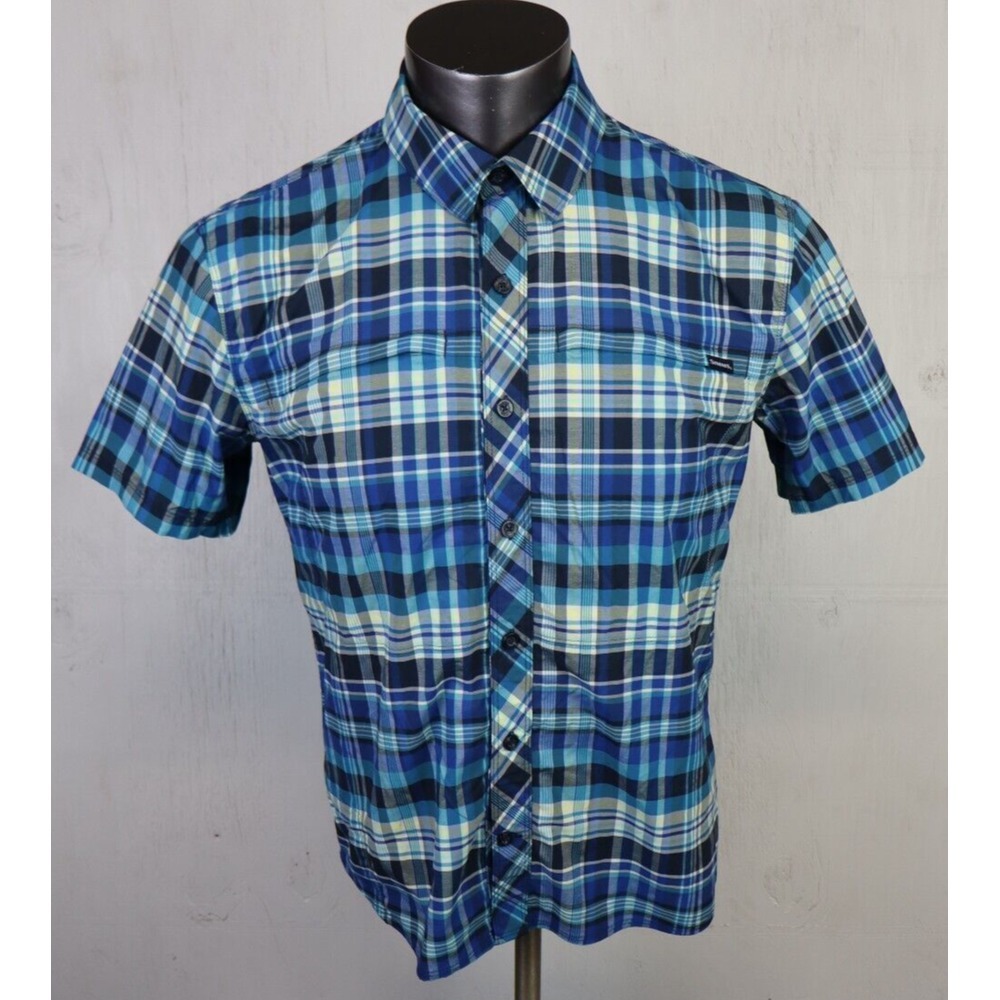 Mens SIMMS Multicolor Plaid‎ Button Front Short Sleeve Shirt Size M Cotton Blue